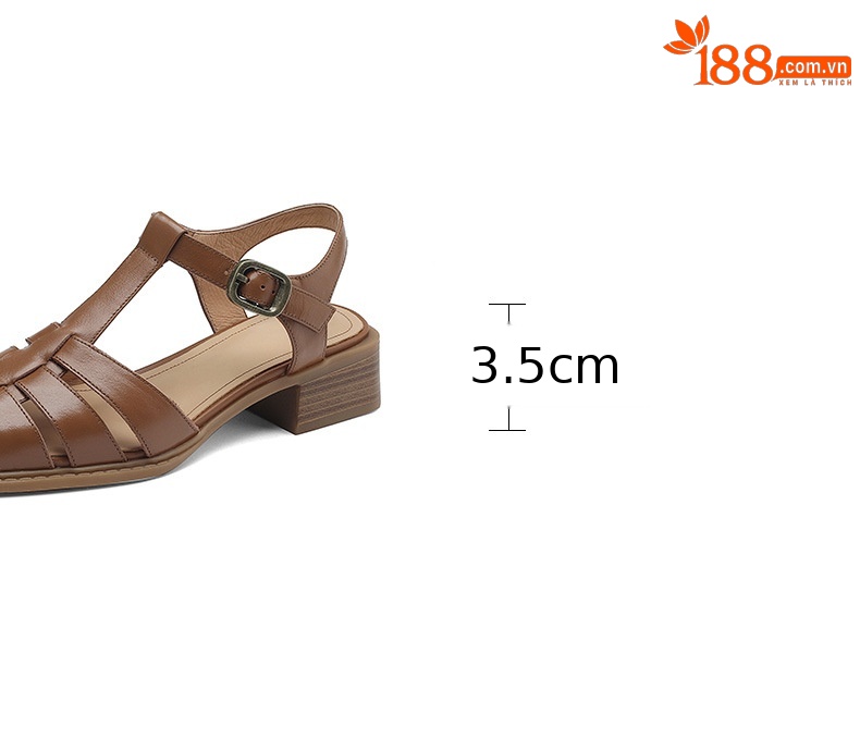 Sandal bít mũi dệt cổ điển nữ quai chữ T gót thấp da bò — Màu nâu đậm chi tiết 5