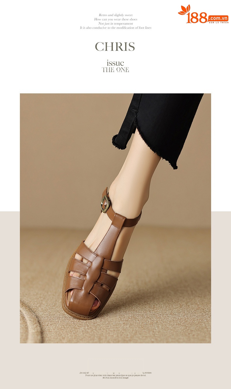 Sandal bít mũi dệt cổ điển nữ quai chữ T gót thấp da bò — Màu nâu đậm chi tiết 7