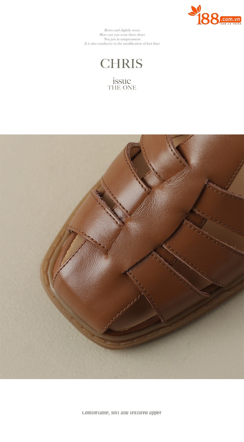 Sandal bít mũi dệt cổ điển nữ quai chữ T gót thấp da bò — Màu nâu đậm chi tiết 13