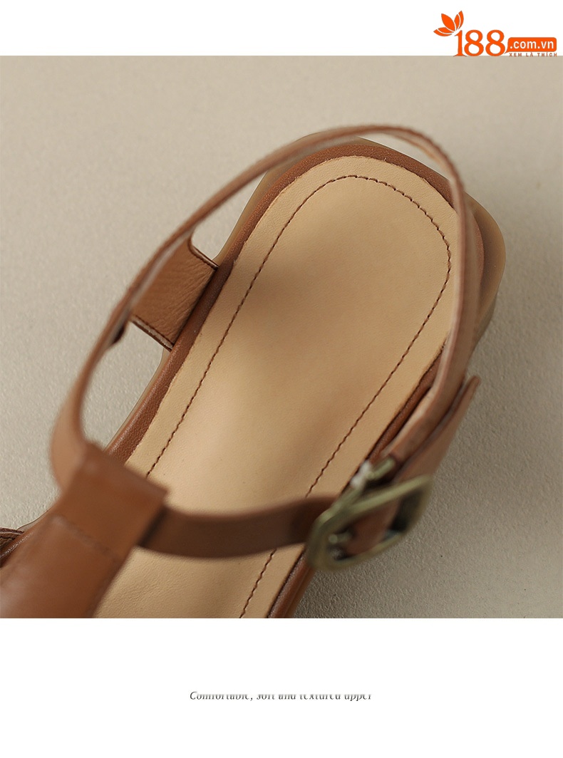 Sandal bít mũi dệt cổ điển nữ quai chữ T gót thấp da bò — Màu nâu đậm chi tiết 14