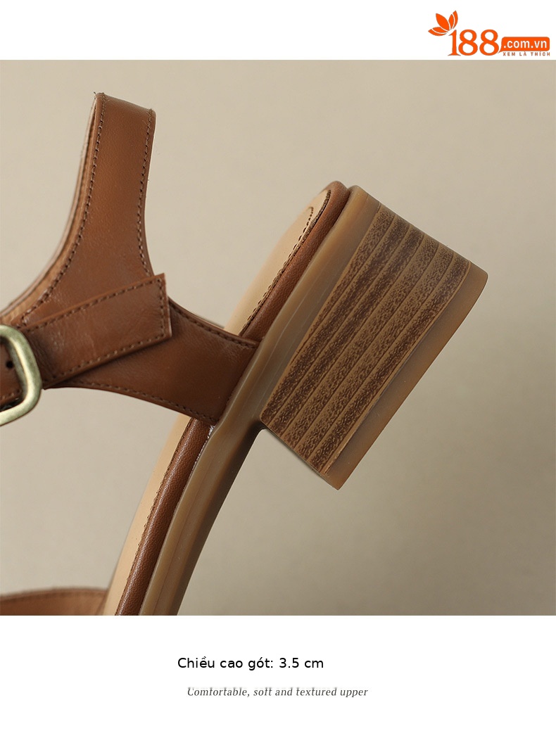 Sandal bít mũi dệt cổ điển nữ quai chữ T gót thấp da bò — Màu nâu đậm chi tiết 15