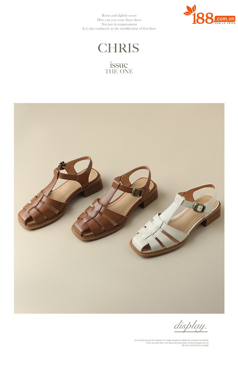 Sandal bít mũi dệt cổ điển nữ quai chữ T gót thấp da bò — Màu nâu đậm chi tiết 17