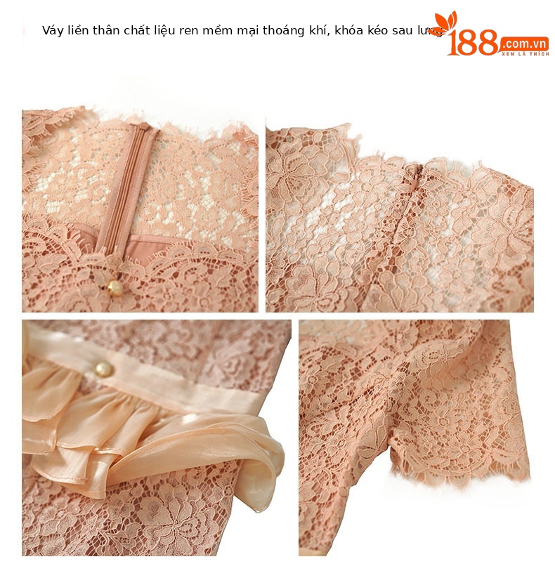 Đầm ren ôm body nữ cổ vuông tay ngắn họa tiết hoa fuchsia — [Hồng] chi tiết 1