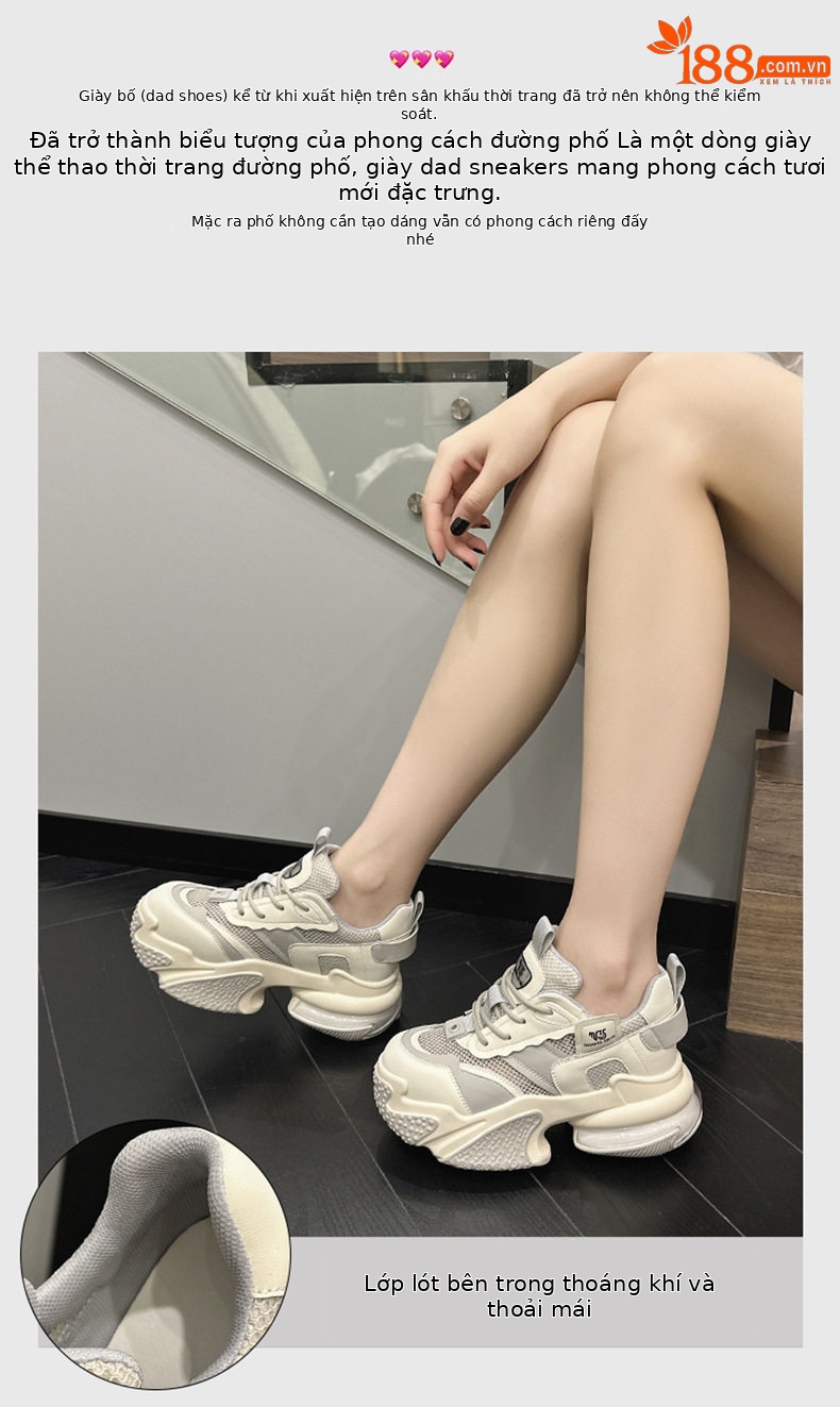Giày sneaker nữ chunky đế dày da bò thật phối lưới thoáng khí, gót siêu cao 8 cm, tăng chiều cao — Trắng, đen, Xám, Hồng chi tiết 4
