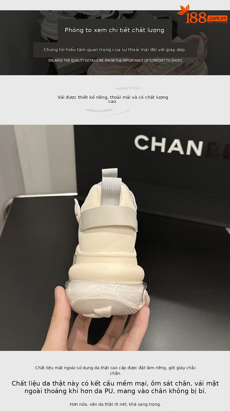 Giày sneaker nữ chunky đế dày da bò thật phối lưới thoáng khí, gót siêu cao 8 cm, tăng chiều cao — Trắng, đen, Xám, Hồng chi tiết 5