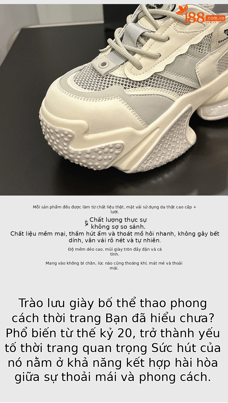 Giày sneaker nữ chunky đế dày da bò thật phối lưới thoáng khí, gót siêu cao 8 cm, tăng chiều cao — Trắng, đen, Xám, Hồng chi tiết 7