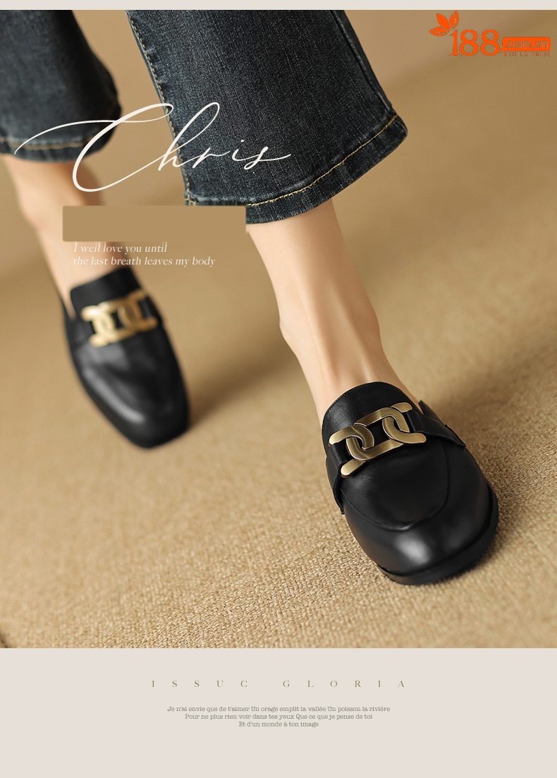 Giày mule nữ da bò mũi nhọn gót thấp 2 cm — Màu đen chi tiết 1
