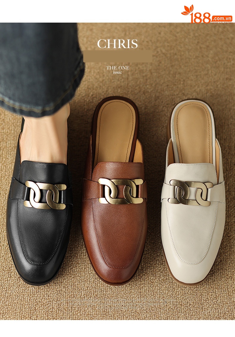 Giày mule nữ da bò mũi nhọn gót thấp 2 cm — Màu đen chi tiết 2