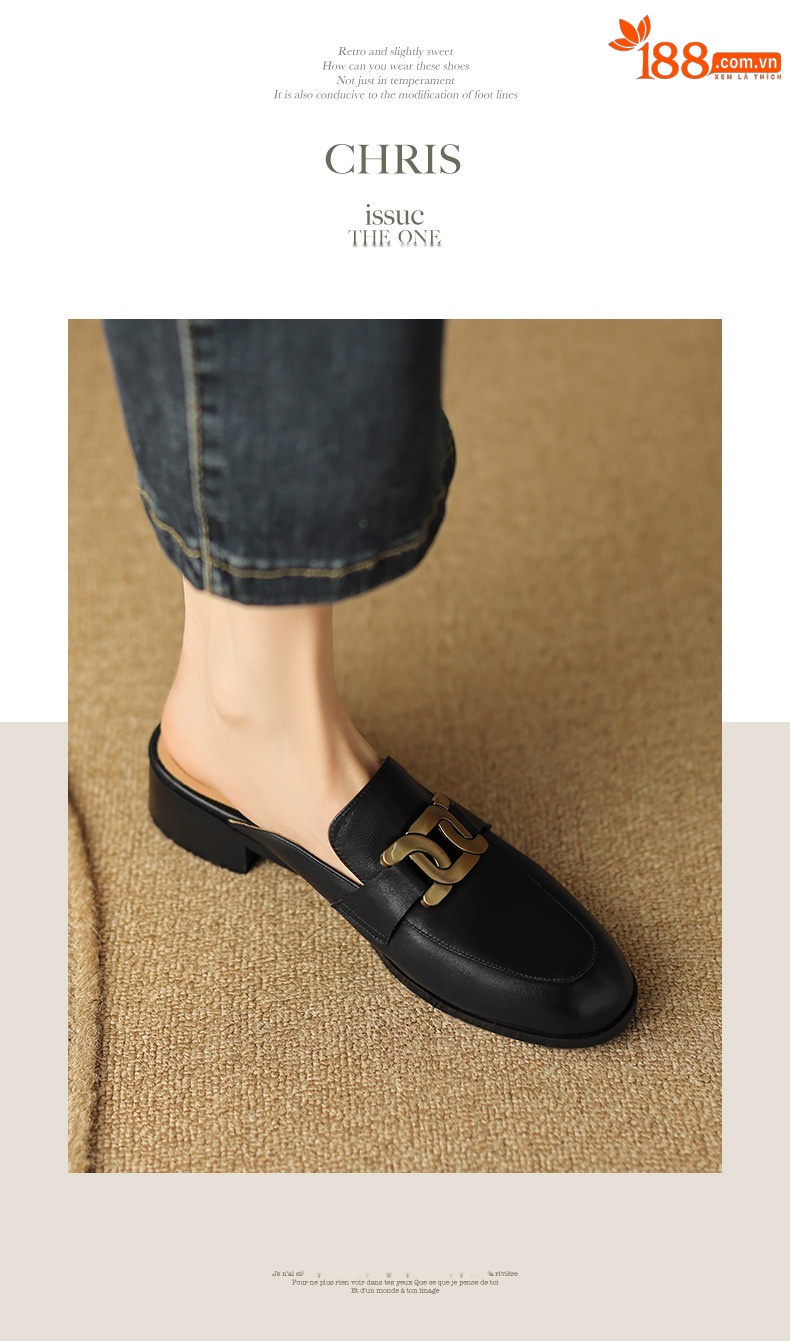 Giày mule nữ da bò mũi nhọn gót thấp 2 cm — Màu đen chi tiết 6