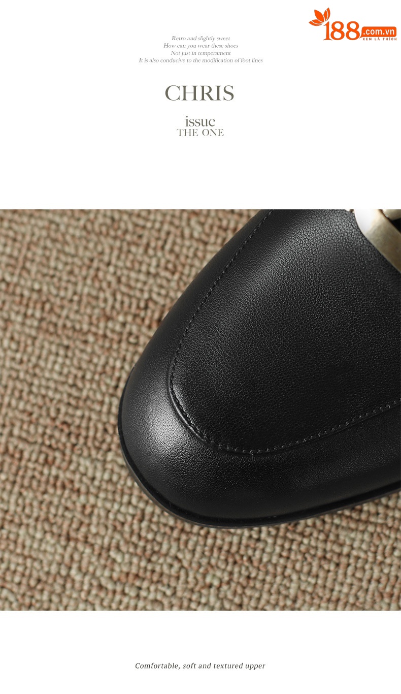 Giày mule nữ da bò mũi nhọn gót thấp 2 cm — Màu đen chi tiết 13