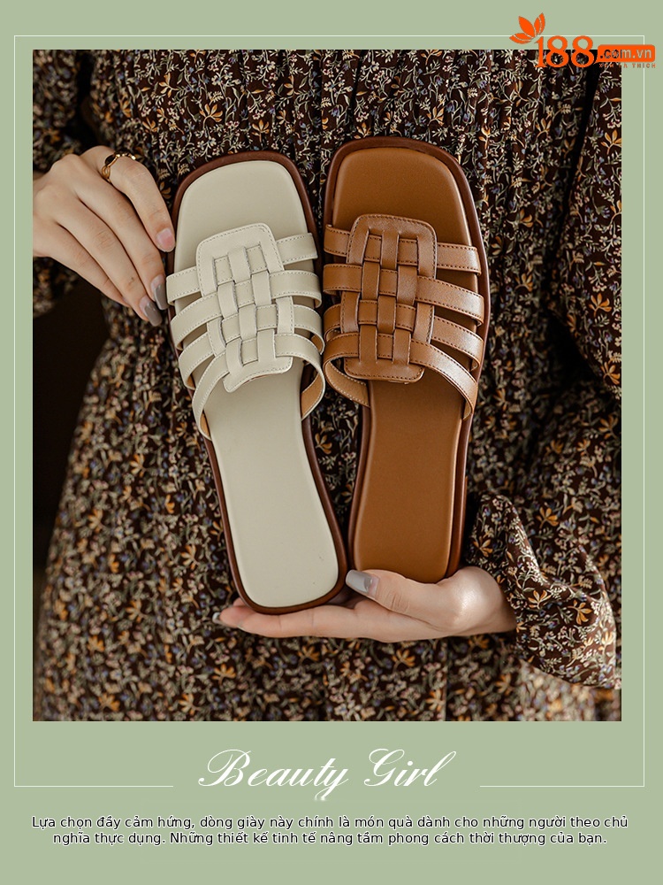 Dép sandal nữ xỏ ngón bện da bò lớp đầu đế bệt — Màu nâu chi tiết 2