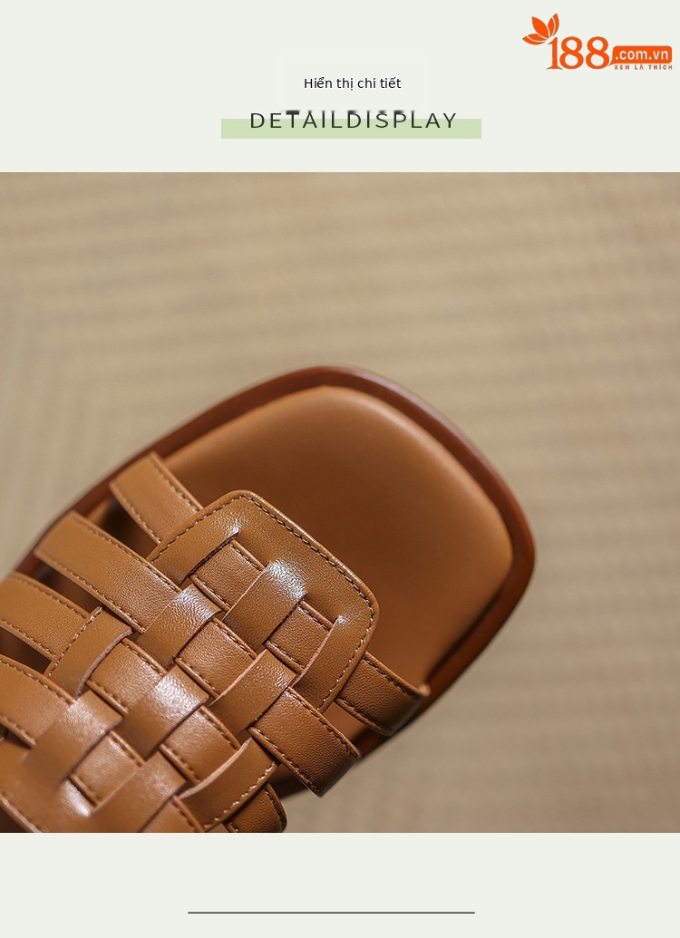 Dép sandal nữ xỏ ngón bện da bò lớp đầu đế bệt — Màu nâu chi tiết 5