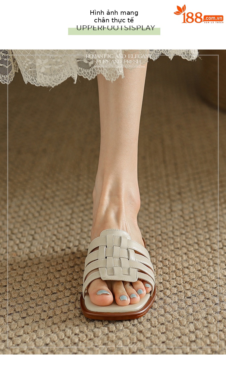 Dép sandal nữ xỏ ngón bện da bò lớp đầu đế bệt — Màu nâu chi tiết 9