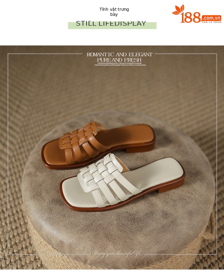 Dép sandal nữ xỏ ngón bện da bò lớp đầu đế bệt — Màu nâu chi tiết 15