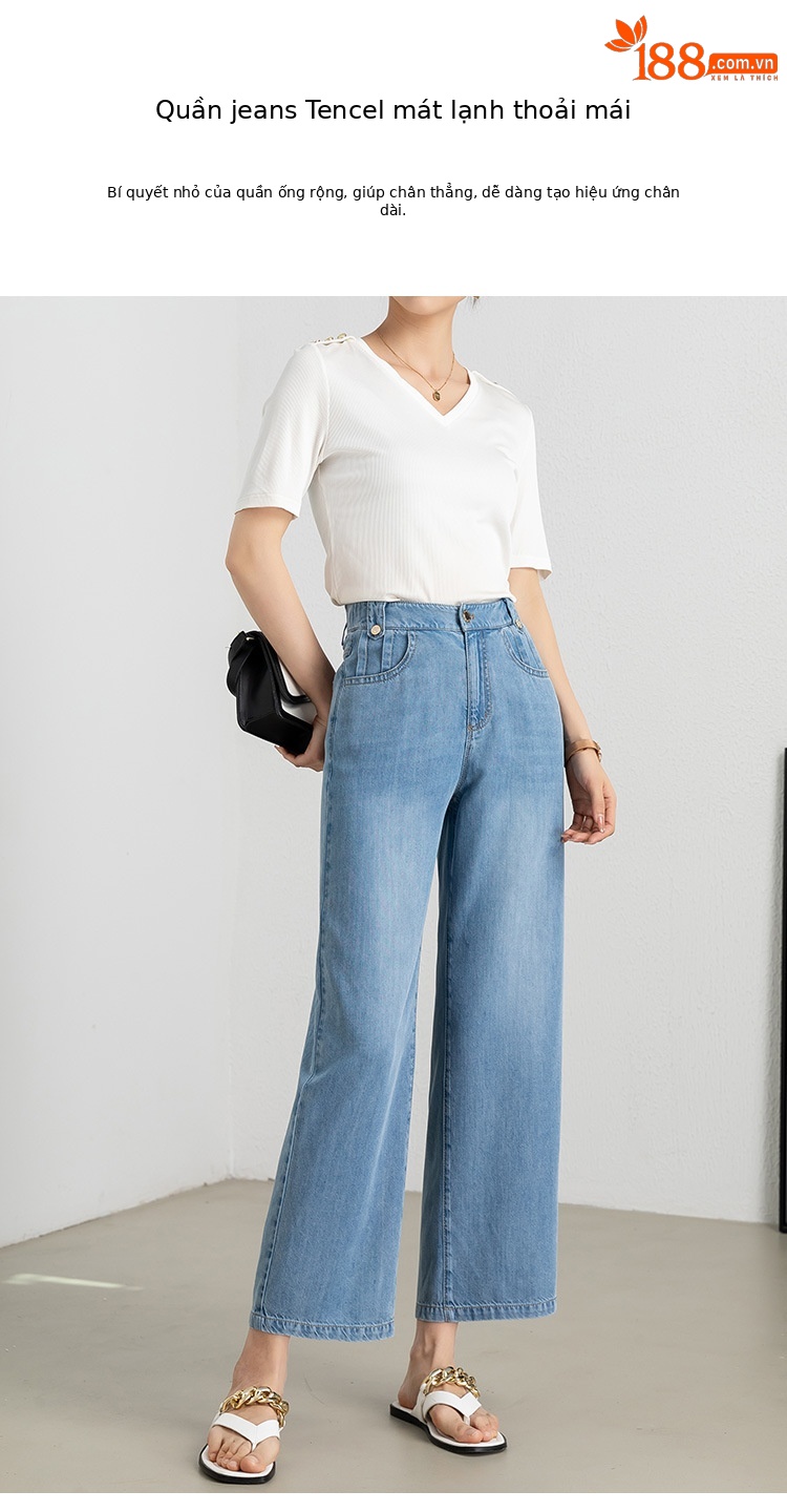 Quần jean nữ ống rộng cạp cao dáng suông chất Tencel mỏng mùa hè — Màu xám đen chi tiết 1