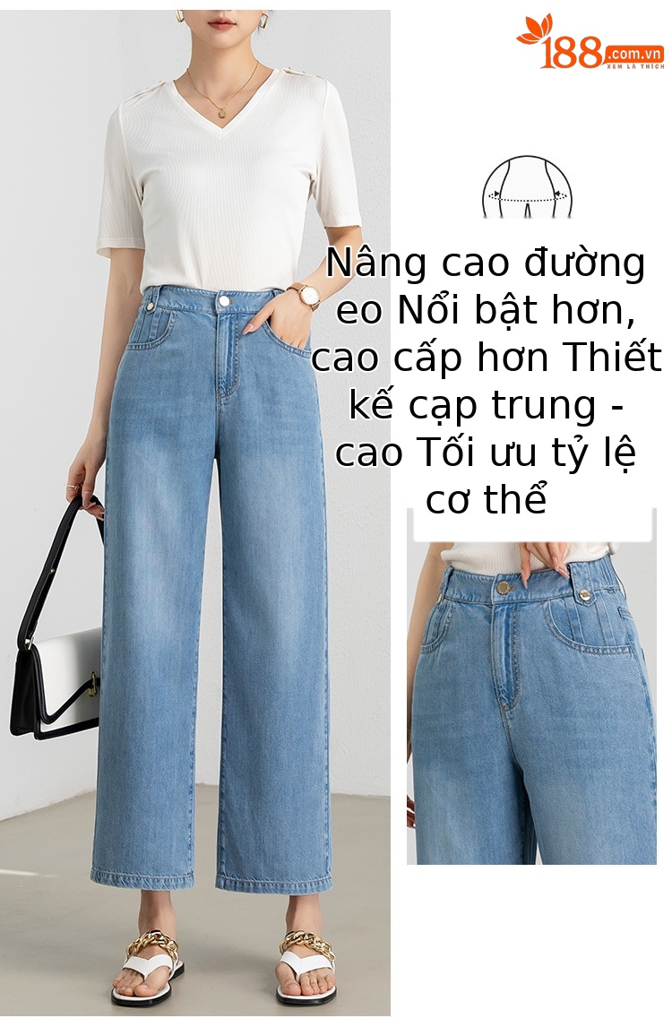 Quần jean nữ ống rộng cạp cao dáng suông chất Tencel mỏng mùa hè — Màu xám đen chi tiết 2