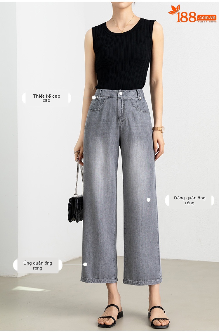 Quần jean nữ ống rộng cạp cao dáng suông chất Tencel mỏng mùa hè — Màu xám đen chi tiết 5