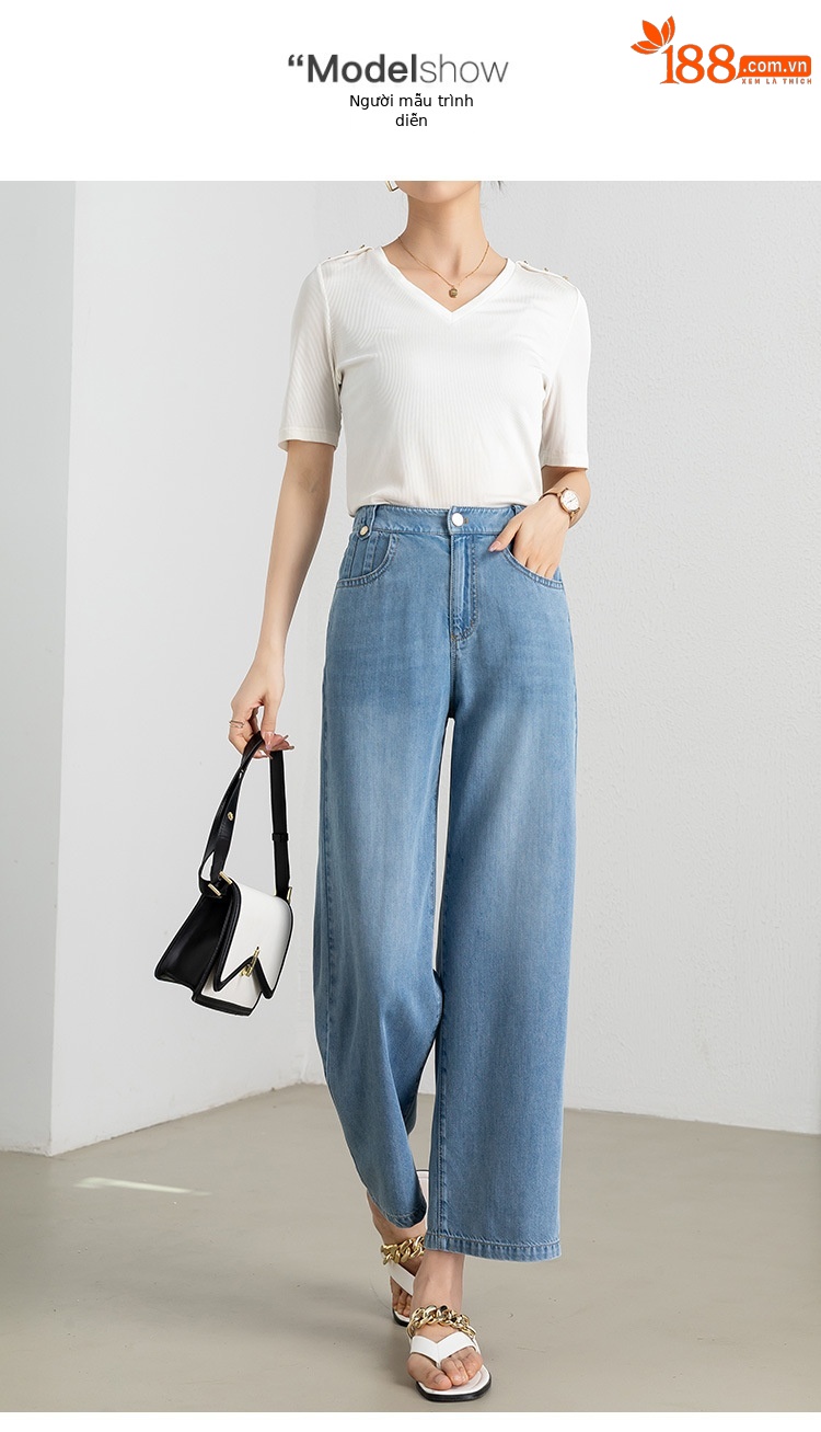 Quần jean nữ ống rộng cạp cao dáng suông chất Tencel mỏng mùa hè — Màu xám đen chi tiết 8