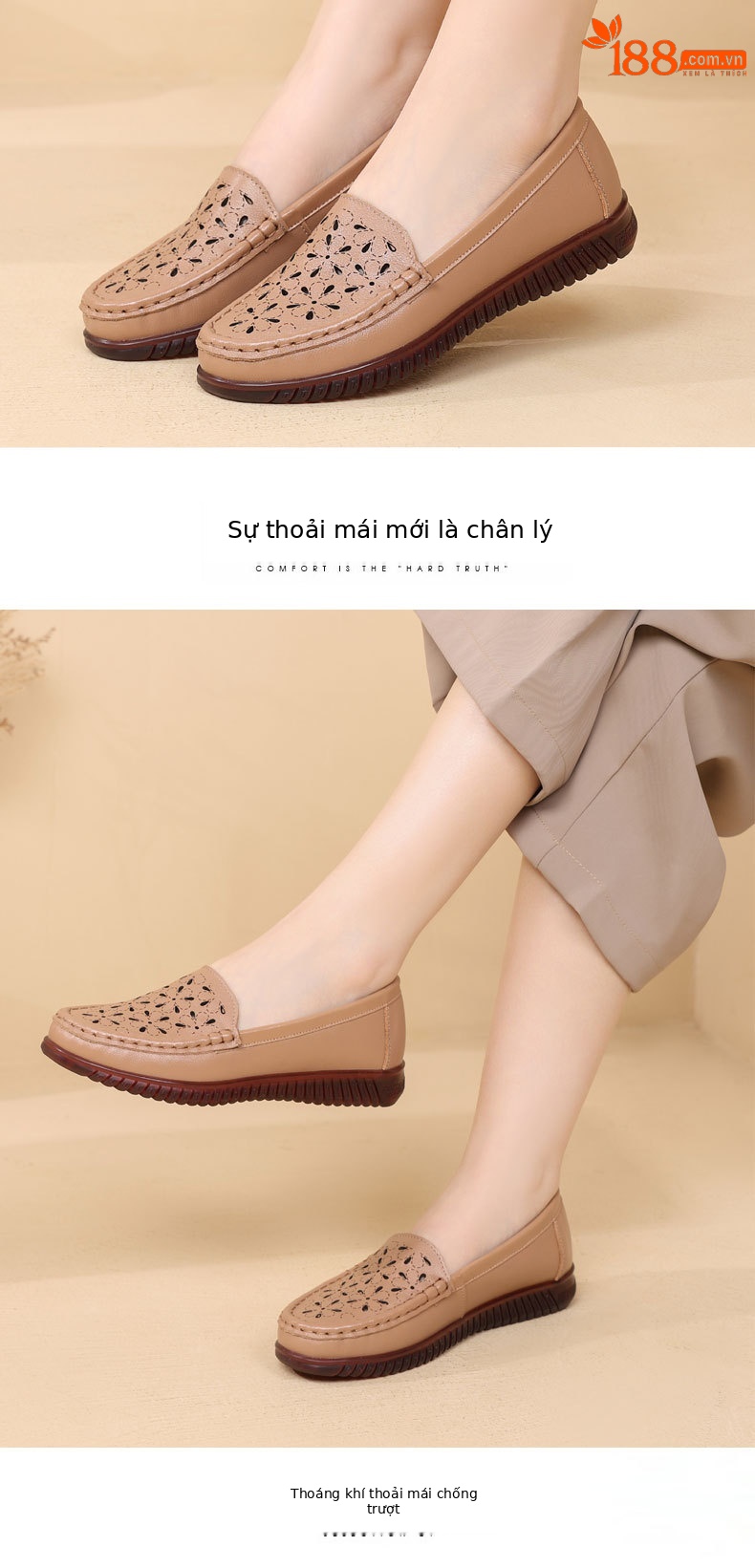 Giày da khoét lỗ mùa hè cho nữ trung niên đế mềm da thật — Màu đen chi tiết 11