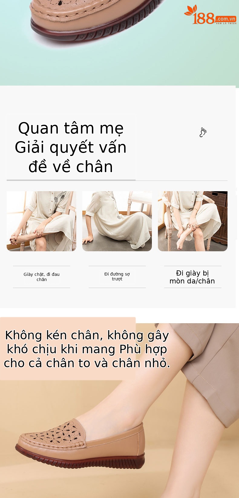 Giày da khoét lỗ mùa hè cho nữ trung niên đế mềm da thật — Màu đen chi tiết 2