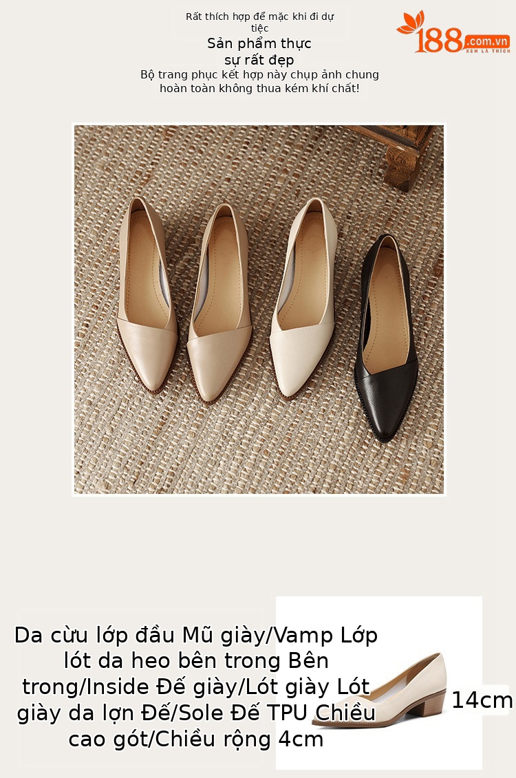 Giày cao gót nữ mũi nhọn da cừu gót vuông ổn định, cổ nông, phong cách công sở — Màu đen chi tiết 2