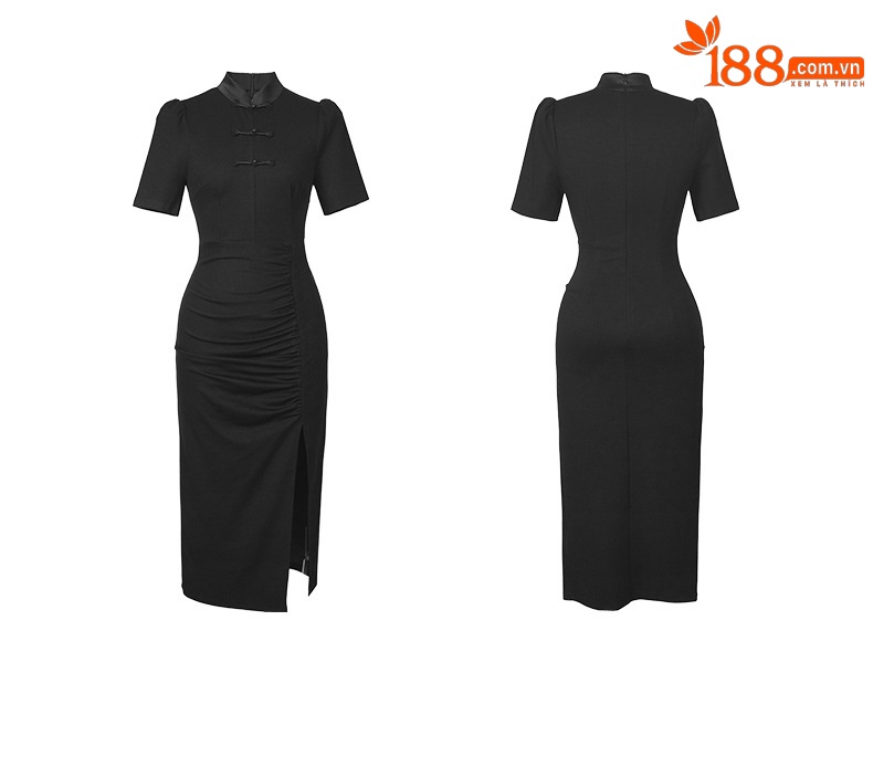 Đầm sườn xám cách tân phong cách Trung Hoa cổ điển, ôm body tôn dáng — Màu đen chi tiết 3