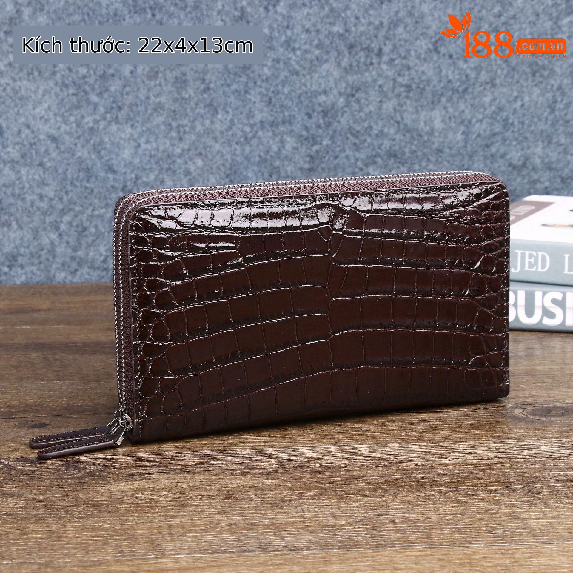 Túi clutch nam họa tiết da cá sấu khóa kéo đôi nhiều ngăn thẻ chi tiết 9