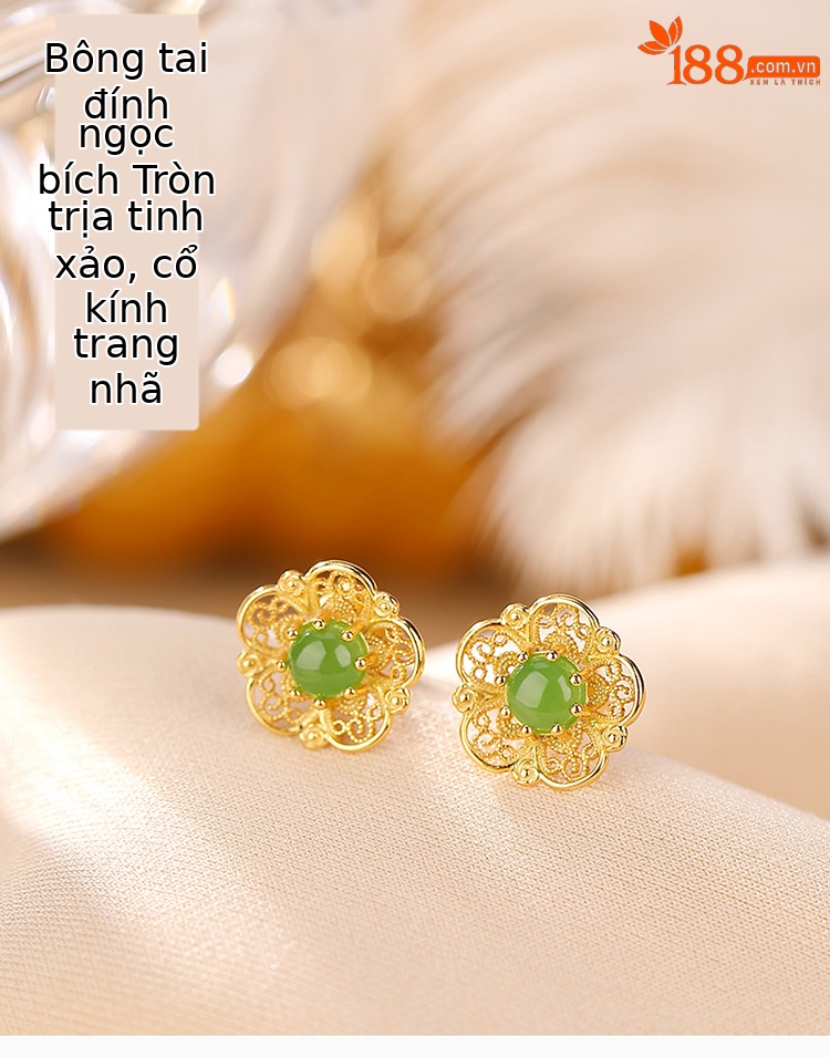Khuyên tai nữ bạc S925 mạ vàng đính ngọc bích hình hoa mận rỗng — Kiểu mạ vàng chi tiết 1