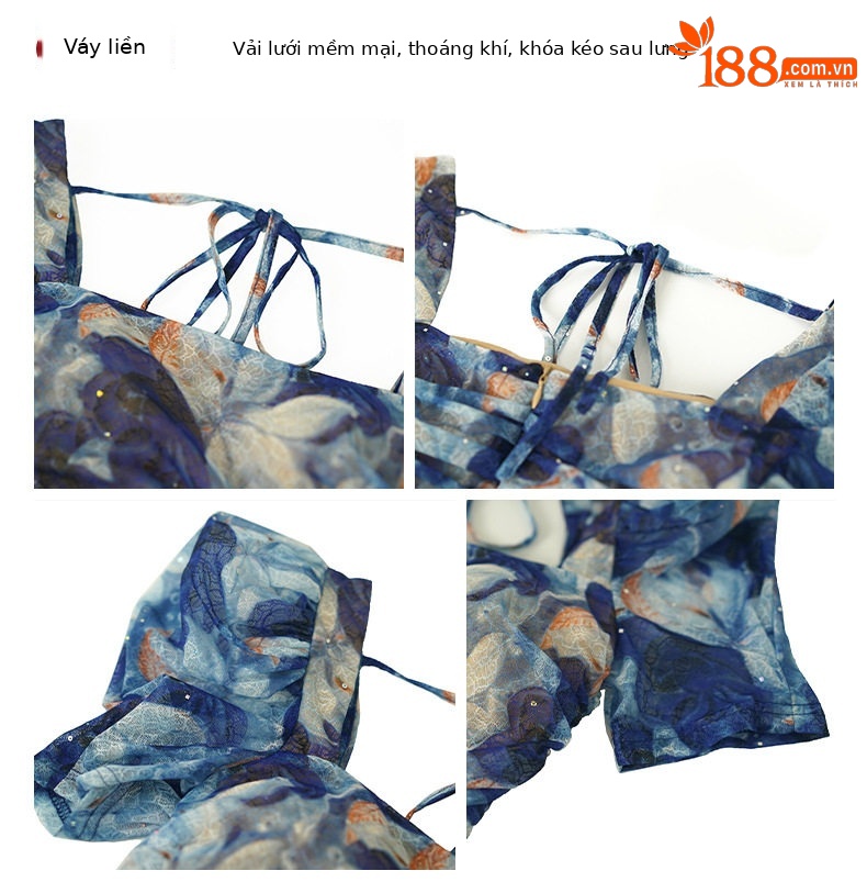 Đầm ôm body nữ họa tiết hoa in, tay bồng cổ vuông, phong cách Pháp — [Xanh dương] chi tiết 3
