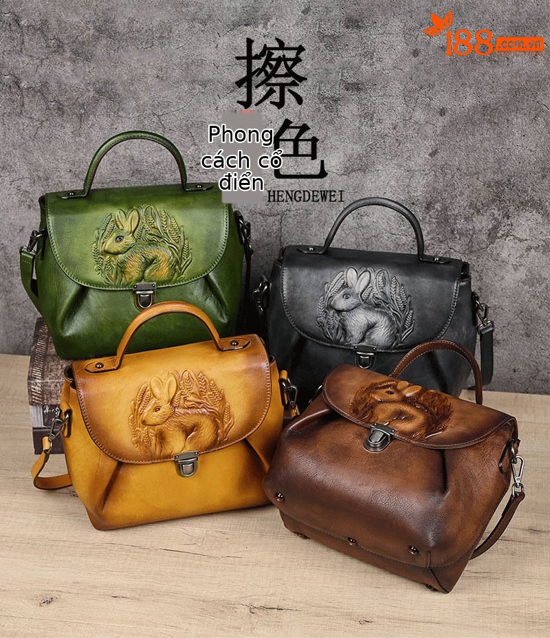 Túi xách tay nữ da bò dập nổi thủ công phong cách cổ điển (25.5×14×22 cm) — Xanh lá cổ điển chi tiết 1