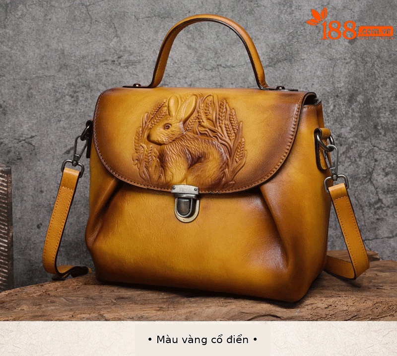 Túi xách tay nữ da bò dập nổi thủ công phong cách cổ điển (25.5×14×22 cm) — Xanh lá cổ điển chi tiết 7
