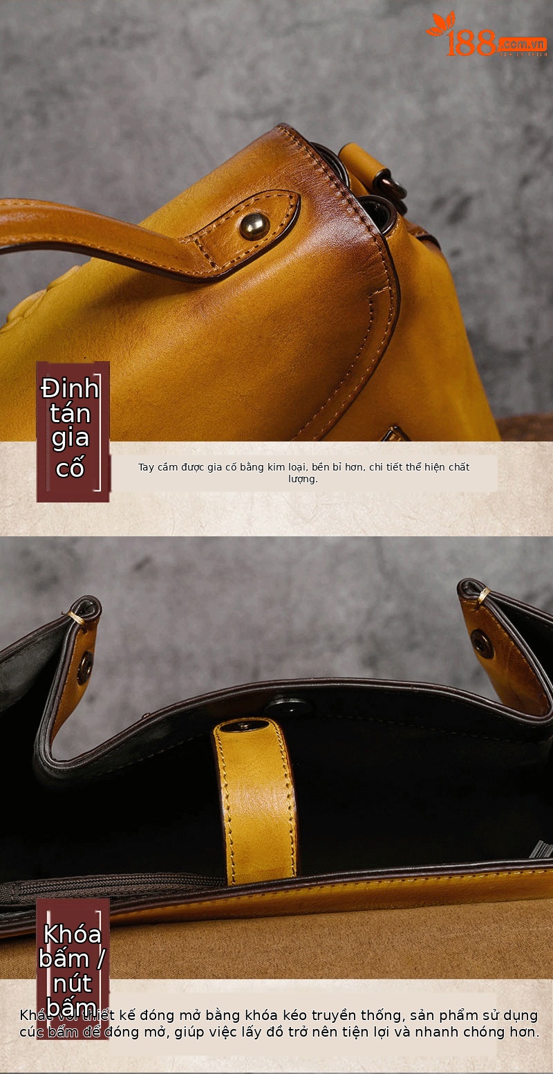 Túi xách tay nữ da bò dập nổi thủ công phong cách cổ điển (25.5×14×22 cm) — Xanh lá cổ điển chi tiết 13