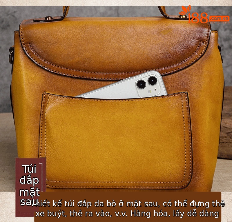 Túi xách tay nữ da bò dập nổi thủ công phong cách cổ điển (25.5×14×22 cm) — Xanh lá cổ điển chi tiết 15