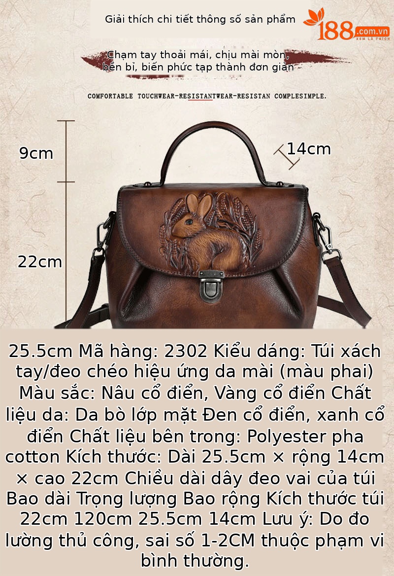 Túi xách tay nữ da bò dập nổi thủ công phong cách cổ điển (25.5×14×22 cm) — Xanh lá cổ điển chi tiết 2