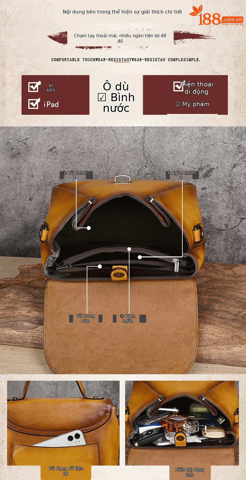 Túi xách tay nữ da bò dập nổi thủ công phong cách cổ điển (25.5×14×22 cm) — Xanh lá cổ điển chi tiết 17