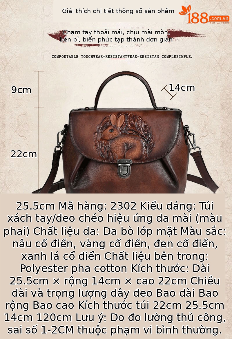 Túi xách tay nữ da bò dập nổi thủ công phong cách cổ điển (25.5×14×22 cm) — Xanh lá cổ điển chi tiết 25
