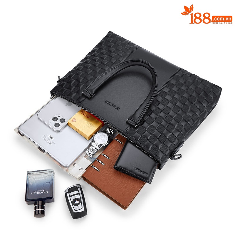 Cặp da nam nhiều ngăn đệm laptop 15 inch – Túi tài liệu xách tay công sở — Màu đen