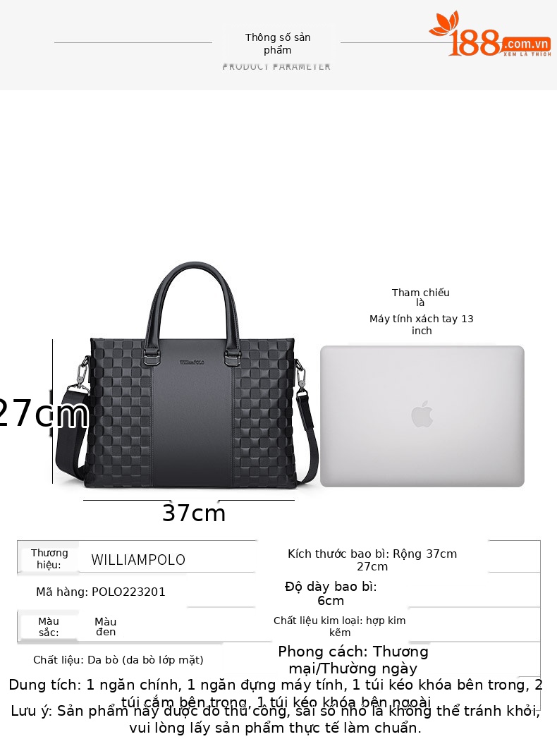Cặp da nam nhiều ngăn đệm laptop 15 inch – Túi tài liệu xách tay công sở — Màu đen chi tiết 8