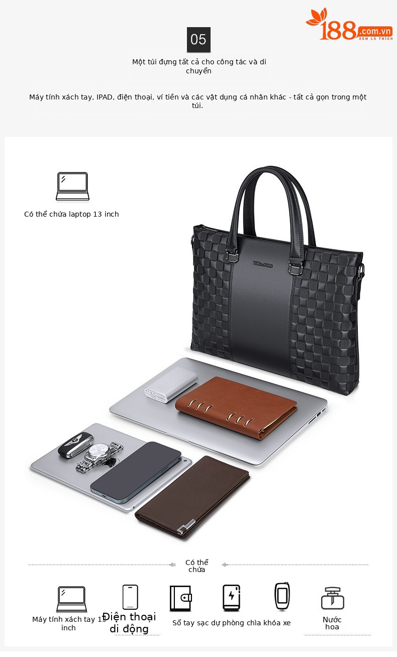 Cặp da nam nhiều ngăn đệm laptop 15 inch – Túi tài liệu xách tay công sở — Màu đen chi tiết 7