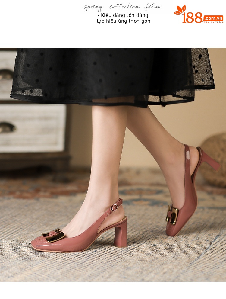 Sandal nữ mùa hè gót dày vuông mũi bao đầu khóa kim loại quai ngang lưng rỗng — Hồng mâm xôi chi tiết 8