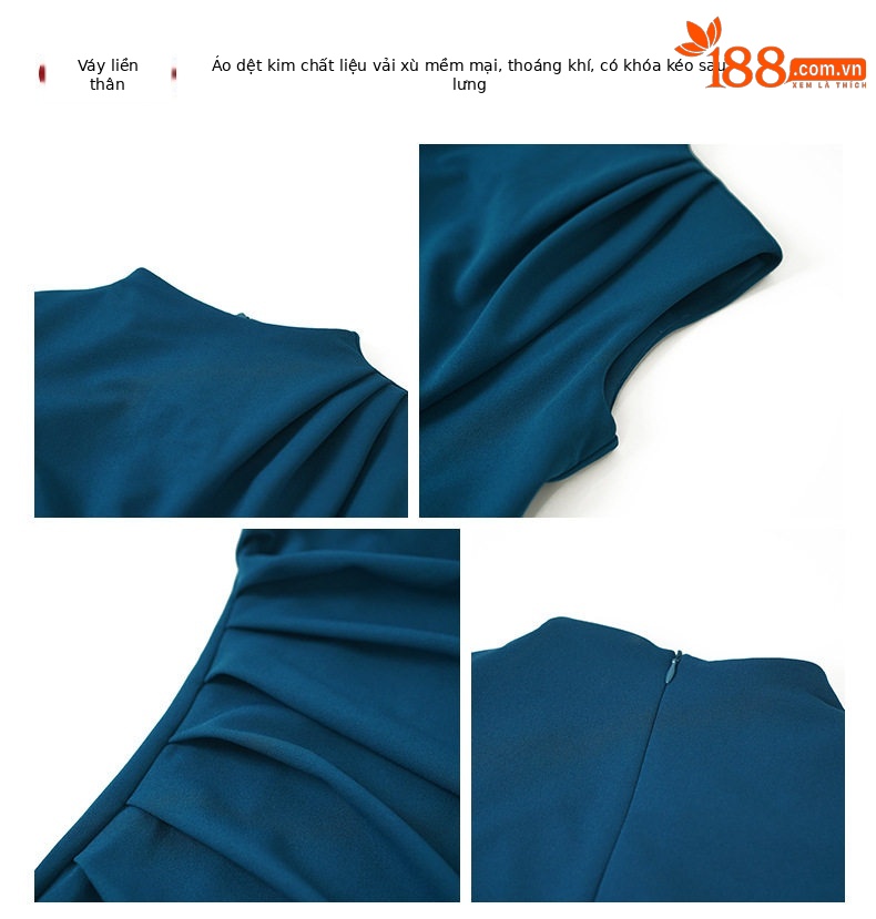 Đầm maxi nữ thắt eo dáng ôm tay ngắn cổ đứng xẻ tà — [Xanh hồ], [Đen] chi tiết 2