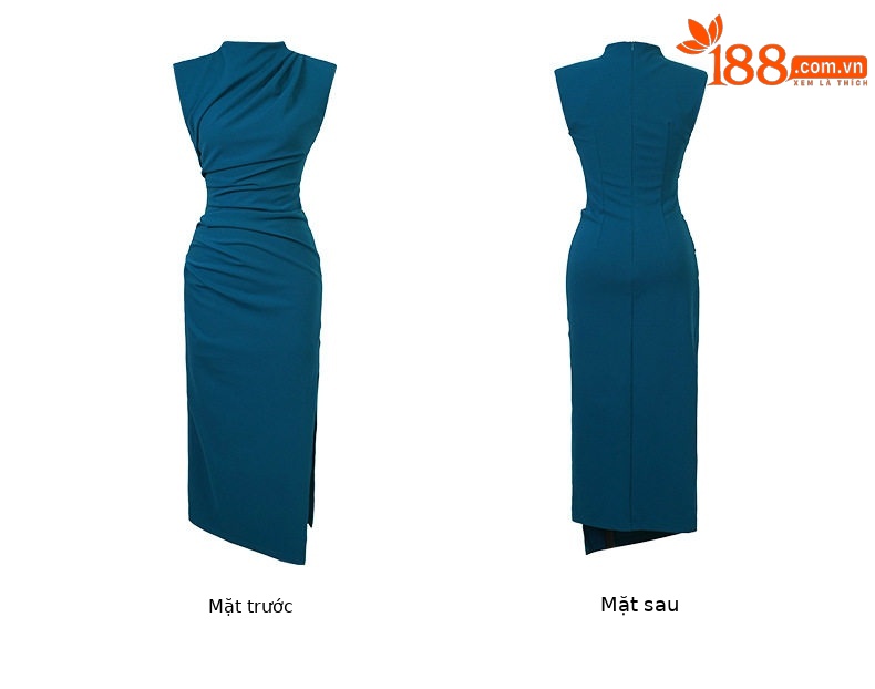 Đầm maxi nữ thắt eo dáng ôm tay ngắn cổ đứng xẻ tà — [Xanh hồ], [Đen] chi tiết 4
