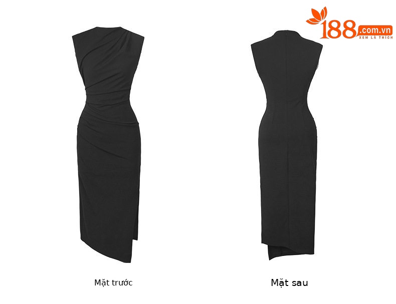 Đầm maxi nữ thắt eo dáng ôm tay ngắn cổ đứng xẻ tà — [Xanh hồ], [Đen] chi tiết 5