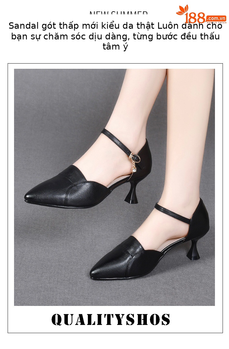Xăng đan nữ mũi nhọn da thật quai ngang gót nhỏ 3 cm — Gót đen cao 3 cm chi tiết 1