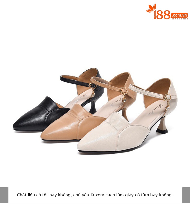 Xăng đan nữ mũi nhọn da thật quai ngang gót nhỏ 3 cm — Gót đen cao 3 cm chi tiết 3