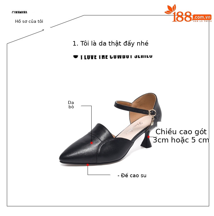 Xăng đan nữ mũi nhọn da thật quai ngang gót nhỏ 3 cm — Gót đen cao 3 cm chi tiết 8