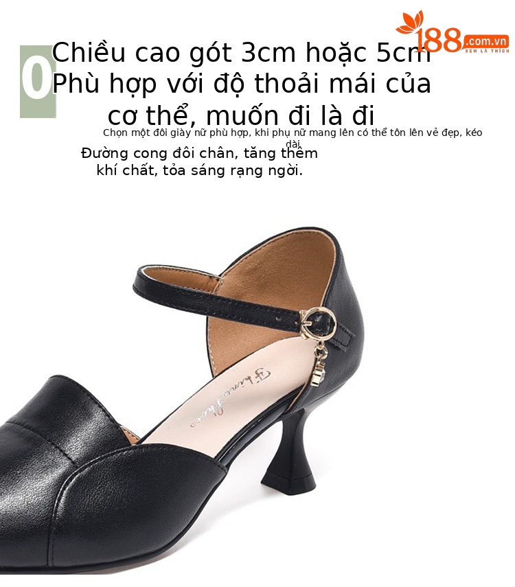 Xăng đan nữ mũi nhọn da thật quai ngang gót nhỏ 3 cm — Gót đen cao 3 cm chi tiết 10