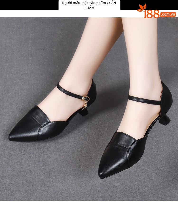 Xăng đan nữ mũi nhọn da thật quai ngang gót nhỏ 3 cm — Gót đen cao 3 cm chi tiết 11