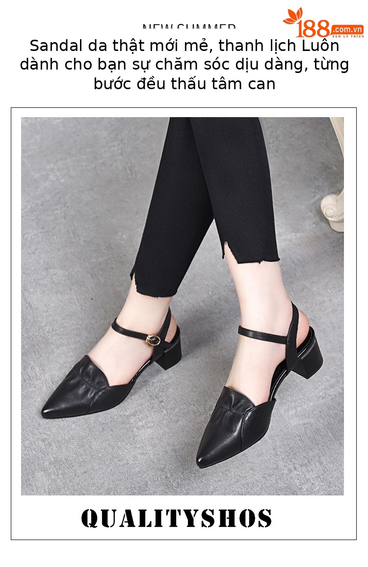 Sandal nữ da thật mũi nhọn quai ngang gót thấp 5 cm đế mềm — Màu mơ cao gót 5 cm chi tiết 1
