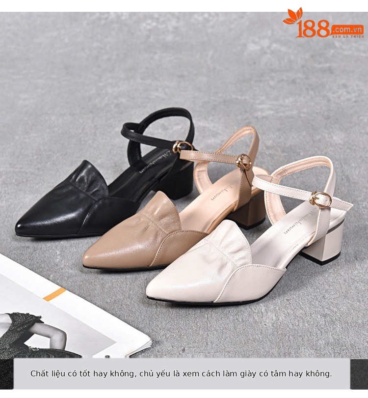 Sandal nữ da thật mũi nhọn quai ngang gót thấp 5 cm đế mềm — Màu mơ cao gót 5 cm chi tiết 2
